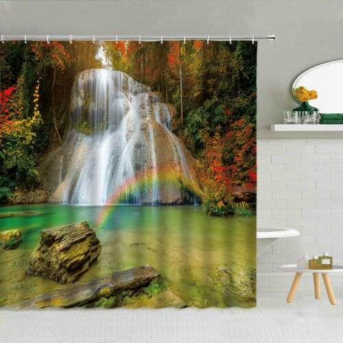 Natural Scenery Shower Curtain Waterfall Green Plants Flowers Garden Landscape Bathroom Decoration Waterproof Shower Curtain