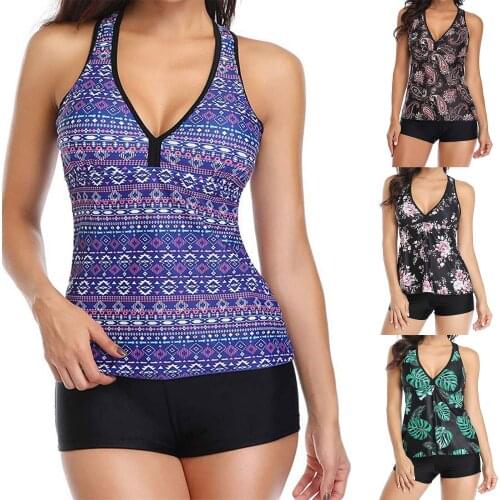 Women Two-piece Clothes Set, Printed Pattern V-neck Sleeveless Swimming Tops and Shorts, Black/ Green/ Purple, Beachwear Swimwea