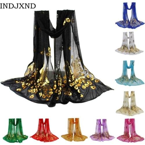 INDJXND Female scarf Women Lady Multi-color Peacock Flower Scarf Long Soft Wrap Shawl Stole Pashmina New Autumn Fashion Scarve