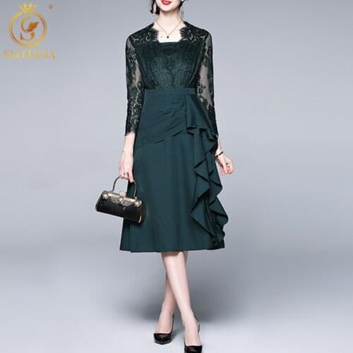 SMTHMA New Fashion Spring Temperament Lace Patchwork Dresses Women V-Neck Ruffle Vintage Ladies Midi Vestidos