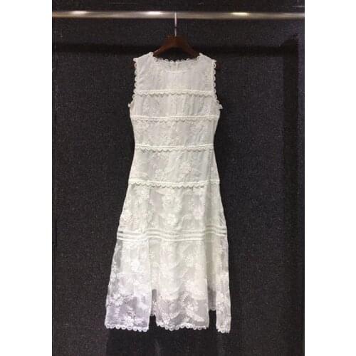 Top Quality Womens Dress 2021 Summer Clothes Ladies O-Neck Allover Exquisite Embroidery Sleeveless White Wine Red Dress Vestido