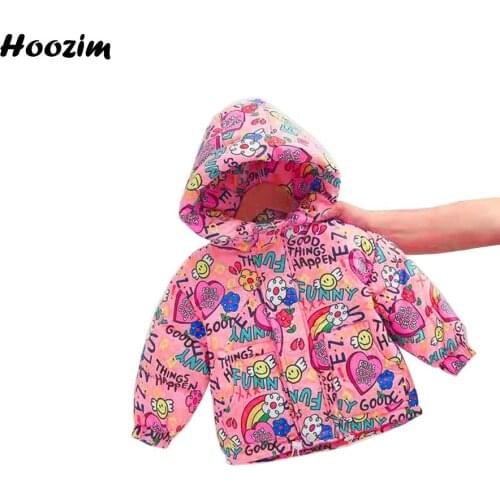 Winter White Duck Down Jacket For Girls 4 To 10 Year Black Print Simle And Flower Hooded Outerwear Child Pink Graffiti Coat Boys