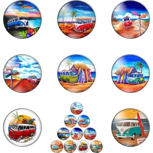 Colorful Road Leading Mark Bus Beach 10pcs Mixed 12mm/20mm/25mm/30mm Photo Glass Cabochon Demo Flat Back Making Findings