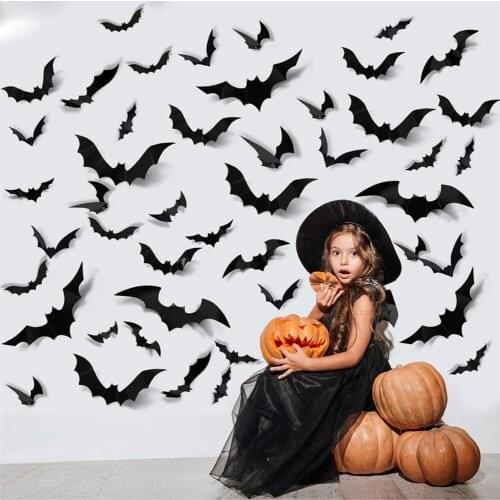 24/48pcs Halloween Decoration 3D Black PVC Bat Halloween Party Scary Sticker Bar KTV Props Wall Sticker Decal DIY Decor