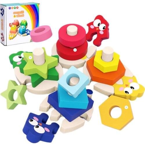 4PCS Children Montessori Stacking Blocks Puzzle Toys Color Shape Sort Matching Game Educational Wooden Toy Hand-Eye Coordination