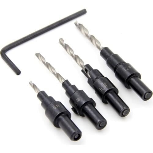 4pcs HSS Round Shank Countersunk Drill Bits Tapper Tool woodworking Wood Pilot Hole Size #6 #8 #10 #12 with 1 Wrench