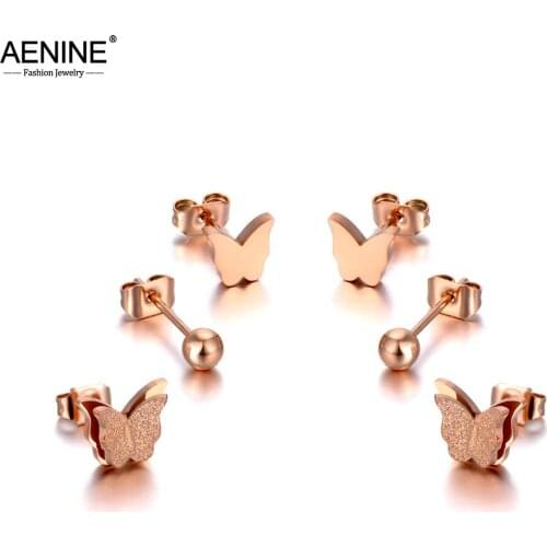 AENINE Cute Titanium Stainless Steel Butterfly Rhinestone Earrings Jewelry 3Pair/Set Crystal Earrings For Women Girls AE20043