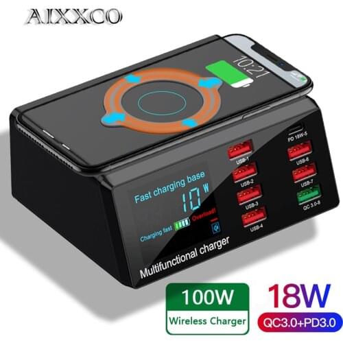 AIXXCO 100W Wireless USB Charger Dock 18W PD QC3.0 Fast Charger Station Smart LED Display 8 Ports USB for Samsung Huawei iPhone
