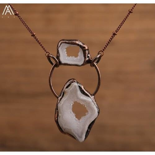 Spiritual Geode Agates Stone Healing Pendant Necklace For Women Druzy Drusy Beads Bronze Chains Lariat Necklace Jewelry Dropship