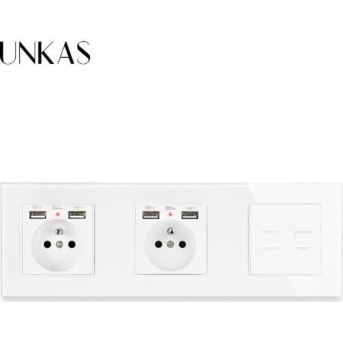 UNKAS Glass Panel Double French Standard Socket with 4 USB Charging Port + RJ11 Telephone Connector + RJ45 Internet Computer