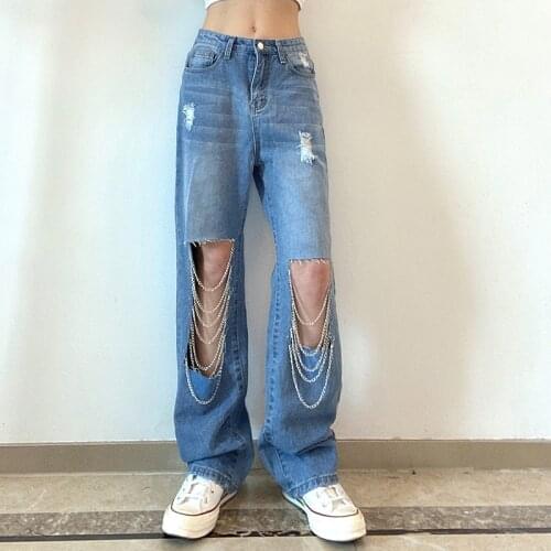 Hollow Out Wide Leg Mom Jeans Women Punk Metal Chains Streetwear Cargo Pants Low Waist Hip Hop Korean Denim Trousers High Waist