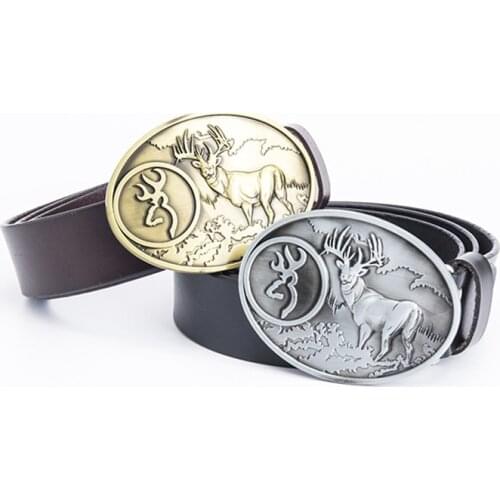 European and American mens leather personality simple deer brand zinc alloy belt buckle mens retro leather youth trendy belt