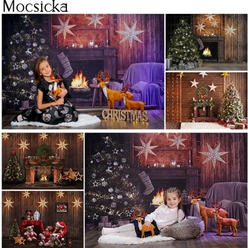 Christmas Rustic Wood Wall Backdrop Winter Fireplace Kids Adult Birthday Portrait Background Gold Stars Xmas Tree Gift Photocall