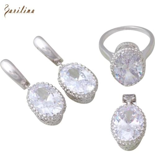 Wedding Accessories CZ Silver Color Overlay Pendants/Ring/Earrings Womens Jewelry Set Size 6 7 8 9 S272
