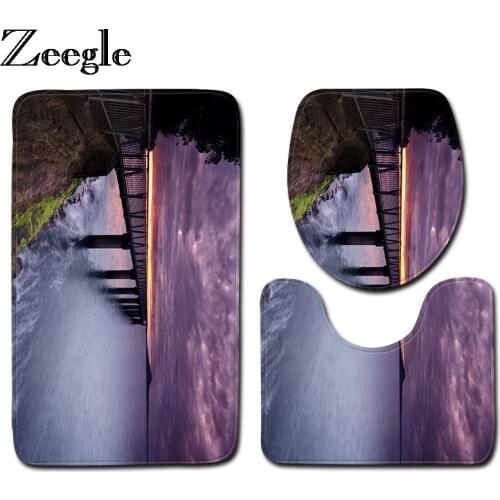 Zeegle Landscape Printed 3pcs/set Bath Mat Set Anti-slip Bathroom Floor Mats Toilet Rugs Flannel Bathroom Mat Set Bath Rug Set