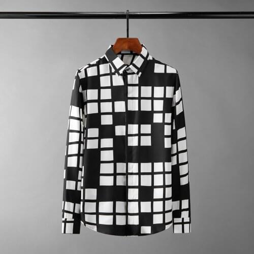 Minglu Black And White Plaid Male Shirts Luxury Long Sleeve Printed Casual Mens Dress Shirts Fashion Slim Fit Party Man Shirts