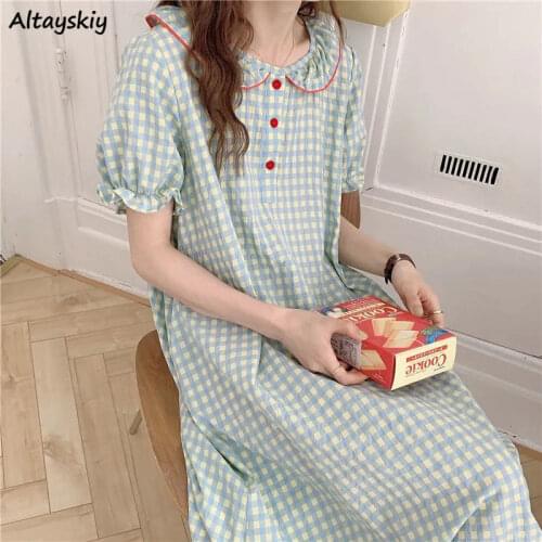 Nightgowns Women Plaid Sweet Students Ruffles Summer Mid-calf Puff Sleeve Leisure Nightdress Soft Baggy Cotton Stylish New Girl