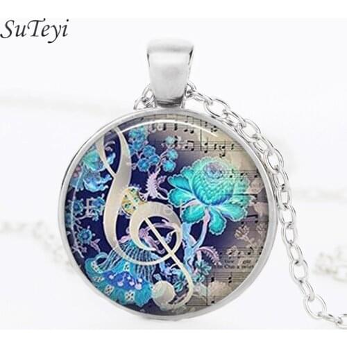SUTEYI Fashion Piano and Music Note Necklace Women Choker Glass Pattern Pendant Silver Color Chain Necklaces DIY Party Jewelry