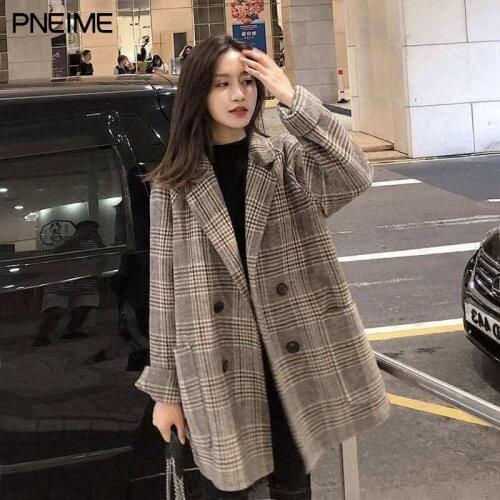 Pneime Womens Coat Autumn and Winter Korean Loose Plaid Woolen Jacket Short Windbreaker Double-sided Woolen Coat