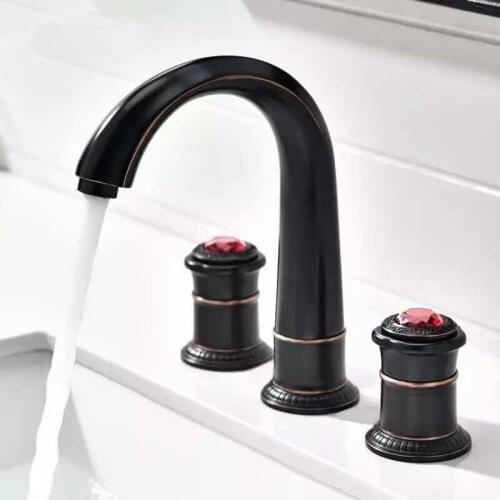 Oil rubbed bronze black 3 Holes Widespread Bathroom Lavatory Faucet Luxury brass crystal sink faucet Art classic European style