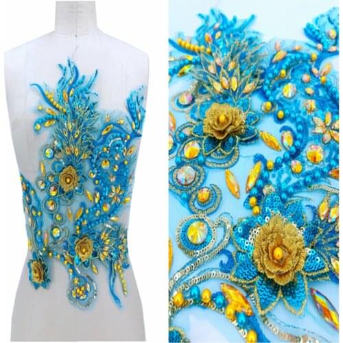 Three-dimensional flower light blue/golden lace applique with bead rhinestones trimming patches 42*27cm for dress accessory