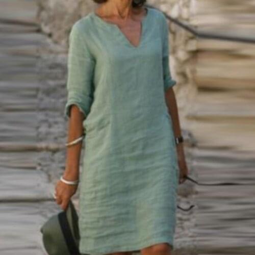 Vintage Dress Women Half Sleeve V-neck Casual Hot Vacation Solid Short Dresses Loose Womens Summer Sundress Vestido De Mujer