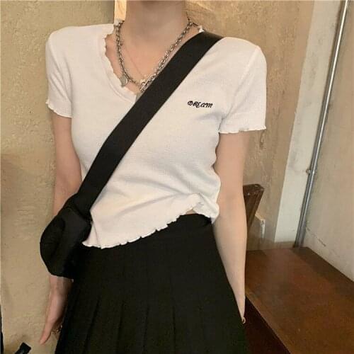 Woman TShirts White V-neck T-shirt Female Summer Short-Sleeved Top Crop Top Mujer Camisetas