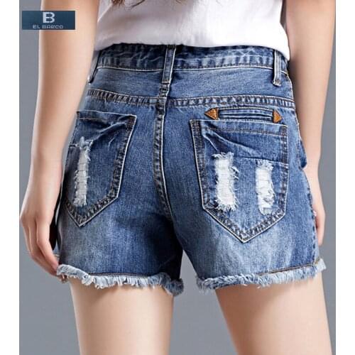 [EL BARCO] 2017 New Denim Cotton Ripped Holes Summer Casual Shorts Women Jeans High Waist Pockets Solid Blue Soft Short Trousers