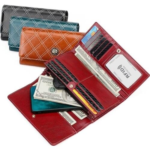 RFID Ladys Purse Genuine Leather Womens Luxury Design Wallets Fashion Long Womens Wallet Money Bag Credit Card Holder Clutch