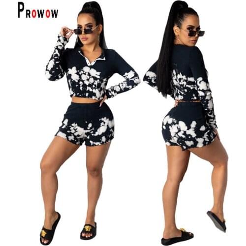 Prowow Ribbed Knitted Women Clothing Set 2021 Fashion Black White Print Spring Summer Matching Suits Long Sleeve Shirts Shorts