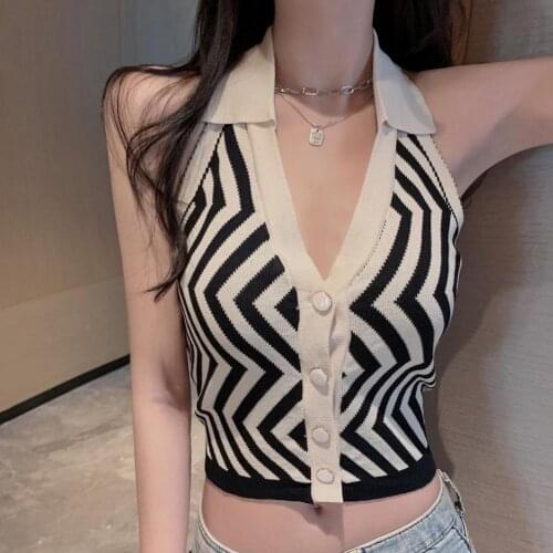 2021 New Summer Streetwear Fashion Striped Halter Knitted Vest Women Sexy Backless Slim Outfits Female Deep V Neck Backless Tops