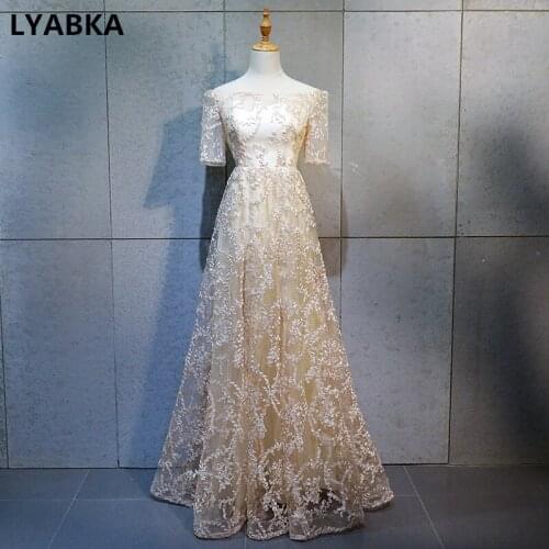 Boat Neck Champagne Evening Dress Robe De Soiree Short Sleeve A-line Evening Dresses Long Dress 2019 Real Photo Vestido De Festa