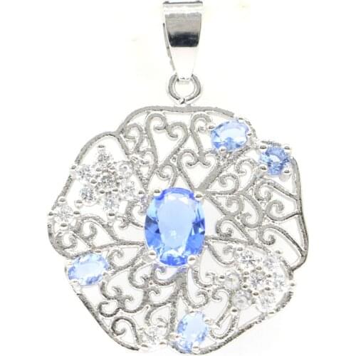 37x27mm Gorgeous Created Violet Tanzanite Pink Kunzite CZ For Ladies Silver Pendant