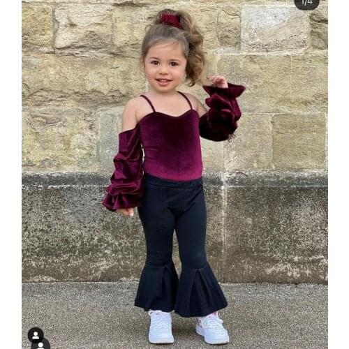 Girl’s T-shirt and Trousers Suit Fashion Solid Color Suspender Long Sleeve Tops and Trumpet Pants Childrens Sets 0-5Years