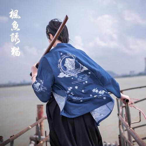 Japanese loose bathrobe Maple fish temptation cat Blue color haori summer Sunscreen kimono Literature and art cosplay men&women