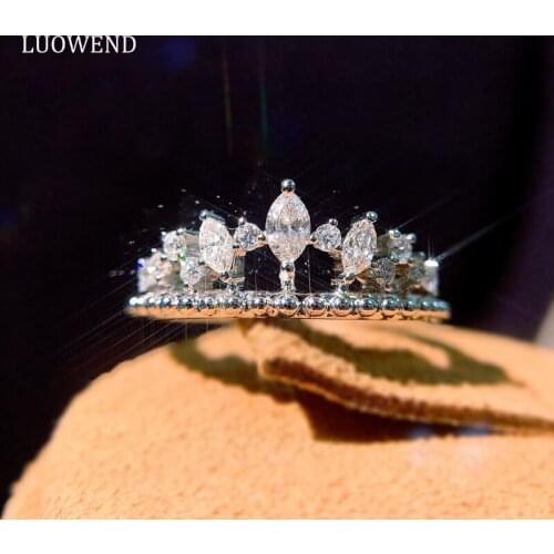 LUOWEND 100% Genuine 18K White Gold Bague Engagement Ring Crown Shape Natural Diamond Ring Women Wedding Eternity Jewelry