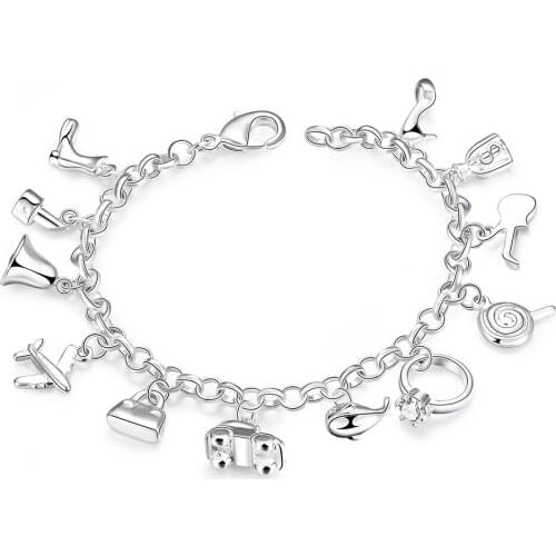 Pretty Bracelets 925 Sterling Silver AAA Zircon Crystal Bracelets 12 Pendants Charms Bangles For Woman New Fashion Jewelry