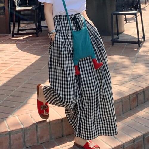 Summer Plaid wide leg skirt pants new elastic high waist slim versatile pants casual pants women 0627-1