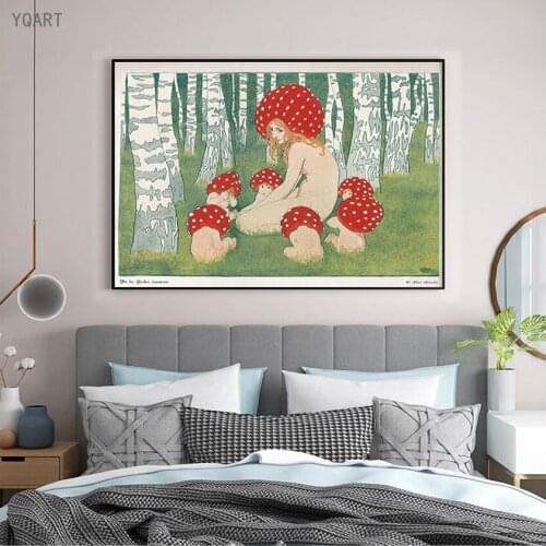 Mother Mushroom with Her Children Canvas Print Painting Vintage Art Poster Mushroom Wall Art Woodland Decor (No Frame)