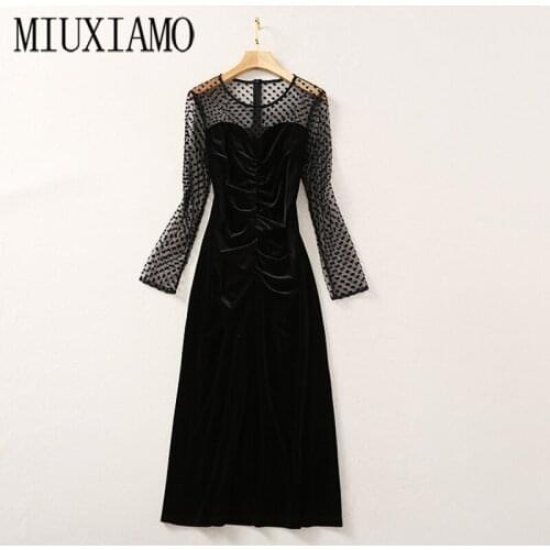 MIUXIMAO 2021 Spring Women Party Black Velvet Office Lady Casual Full Sleeve Dot Long Dress Women Vestidos