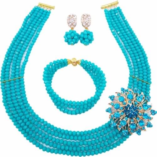Fashion Aqua Blue Crystal Beaded Multi Strands Necklace Nigerian Wedding African Beads Jewelry Set for Women 5L-DS001