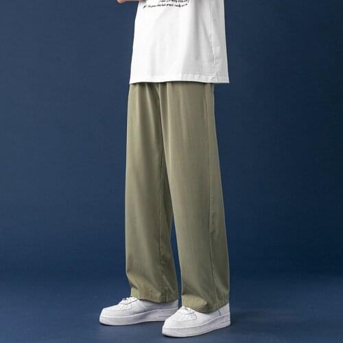 Men Summer Cool Silk Straight Pants 2021 Thin Light Wild Leg Oversize Trousers Solid Color Male Pants Clothing Korean Streetwear