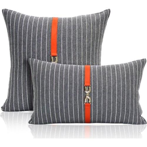 Grey white stripes pattern cushion cover with orange pu belt wait pillowcase sofa decorative pillow covers