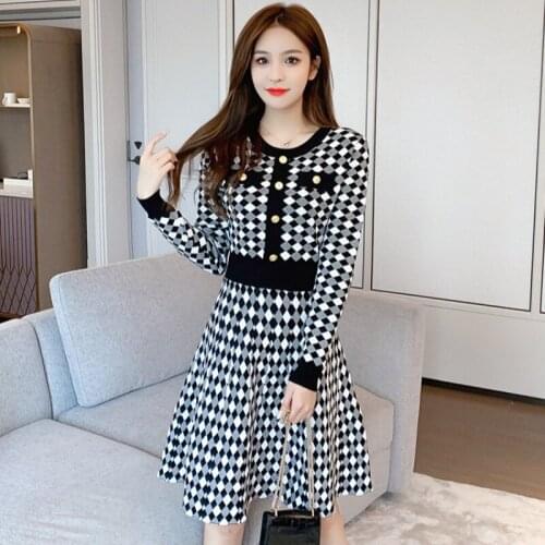 Autumn Winter Knitting Geometry Plaid Sweater Dress Women O Neck Golden Button Long-Sleeved Elegant A-line Dress Above Knee