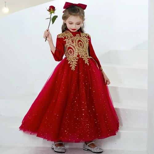 Flower Girl Dresses High Three Quarter Princess Floor-Length Tulle Sequined Embroidery Luxury Burgundy Lace Kids Party Gown H176