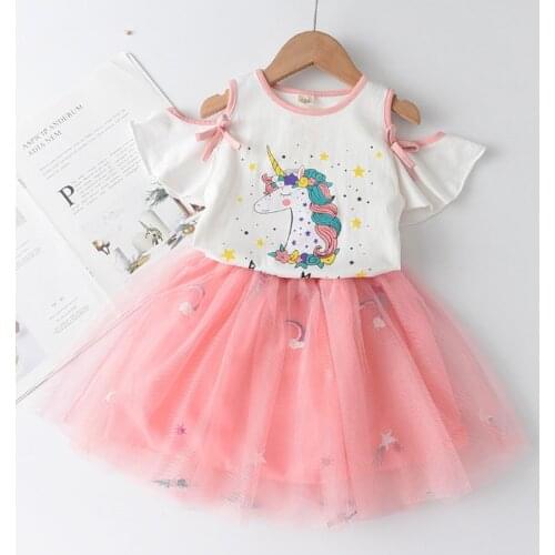 Baby Girls Casual Clothing Sets Summer Cartoon Unicorn T-shirt And Embriodery Skirts 2Pcs Suit Princess Outfits Children Clothes