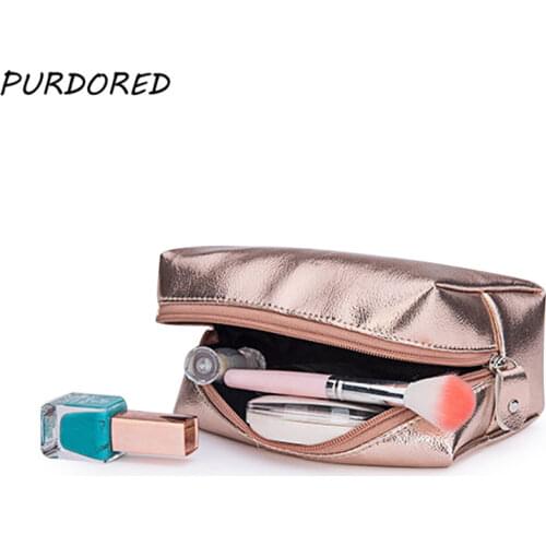 PURDORED 1 Pc Portable Solid Women Cosmetic Bag Gold Female Makeup Bag Travel Organizer for Makeup Pouch Trousse De Toilette
