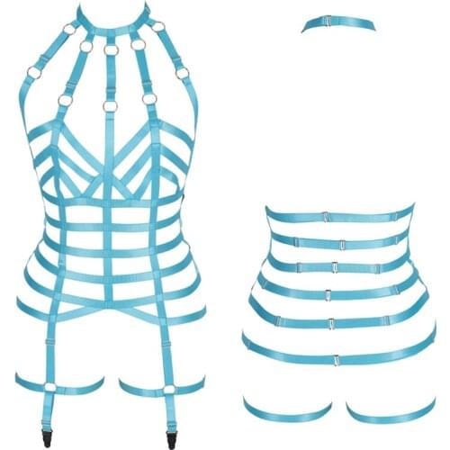 Blue Bodysuit Hollow out Body Harness Set Woman Bondage Stockings Garter Belt Goth Rave Body Cage Harness Sexy Lingerie Bra