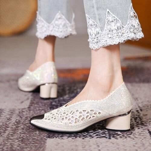 Lucyever Hollow Out Breathable Crystal Pumps Women Pointed Toe Slip on Med Heels Pumps Woman Summer Casual Thick Heeled Shoes
