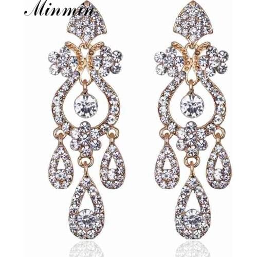 Minmin Clear Crystal Gold-color Dangle Earrings Bridal Long Drop Earrings for Women Wedding Accessories EH001